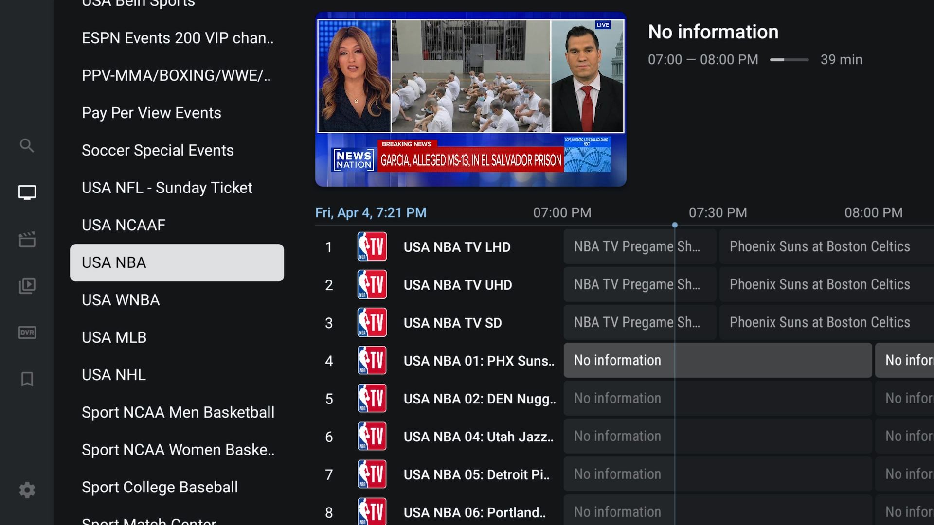 NBA category in TiviMate IPTV Player